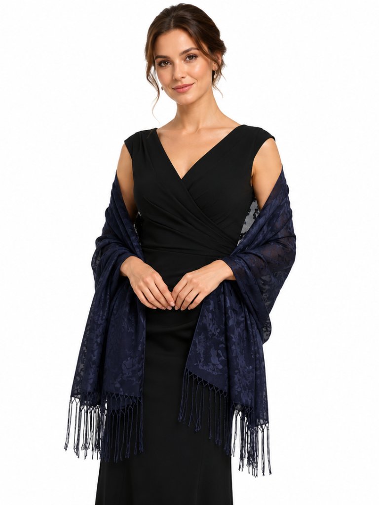 Unbranded Navy Blue Silk Fringed Scarf